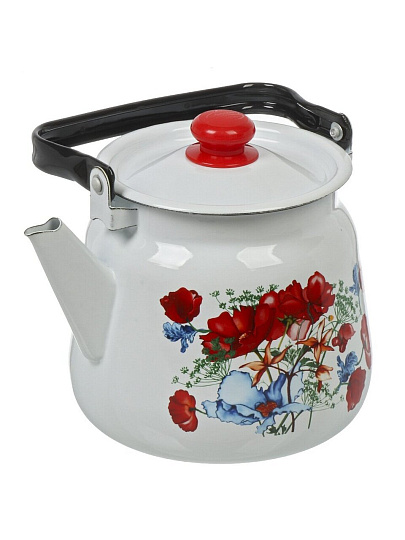 Чайник сталь, эмалированное покрытие, 3.5 л, с кнопкой, Сибирские товары, Цветы красные, белый, С2716.3*95