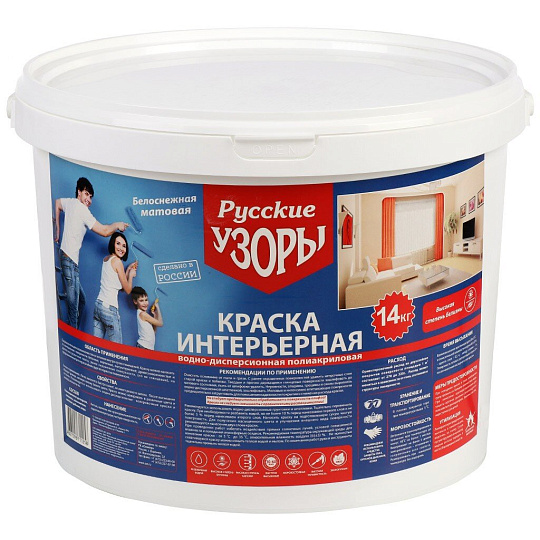 Краска водно-дисперсионная, Русские узоры, акриловая, интерьерная, матовая, белоснежная, 14 кг