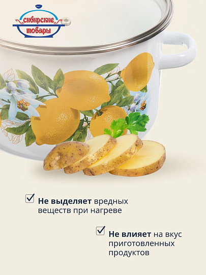 Кастрюля эмалированная сталь, 4 л, крышка стекло, цилиндрическая, Сибирские товары, Лимоны, 1MD201S, индукция