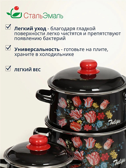 Набор посуды эмалированная сталь, 6 предметов, кастрюли 2,4,5.5 л, индукция, СтальЭмаль, Букет тюльпанов, 1с408
