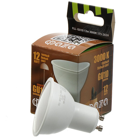 Лампа светодиодная GU10, 12 Вт, 175-265 В, 3000 К, свет теплый белый, ФАZА, FLL- GU10