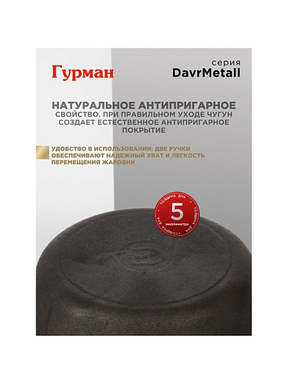 Жаровня чугун, 26 см, с двумя ручками, Гурман, DavrMetall, индукция