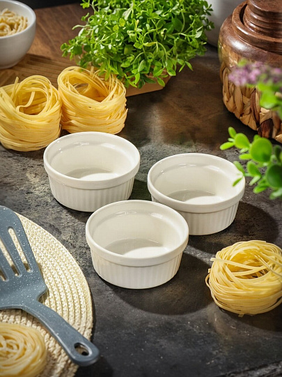 Кокотница керамика, 3 шт, 9х4х4 см, 0.15 л, круглая, белая, Y4-6552