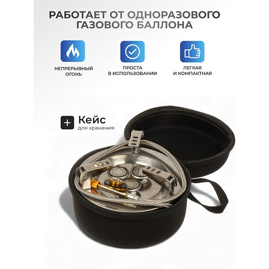 Плита газовая портативная 1 конфорка, 12х11 см, для резьбовых баллонов, металл, черная, C020033