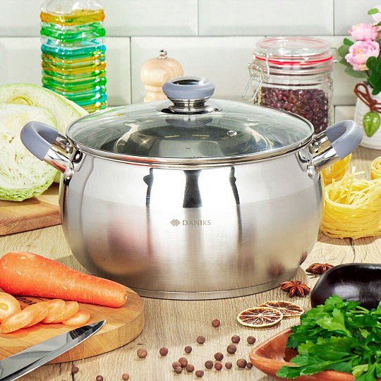 Кастрюля нержавеющая сталь, 6.5 л, с крышкой, крышка стекло, Daniks, Модерн серый, SD-24N, индукция