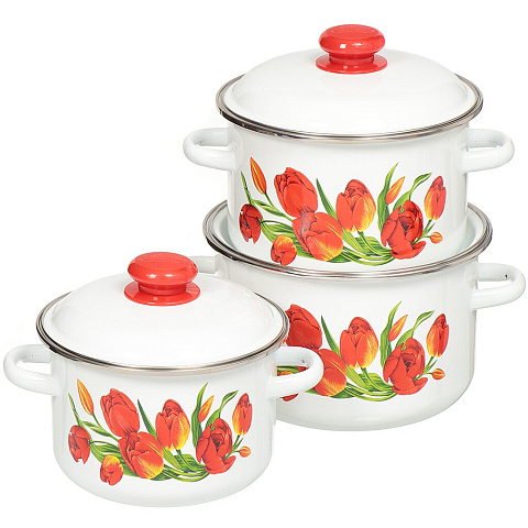 Набор эмалированной посуды СтальЭмаль Тюльпаны 15 N15B78, (кастрюля 2 л, 3 л, 4 л), 6 предметов