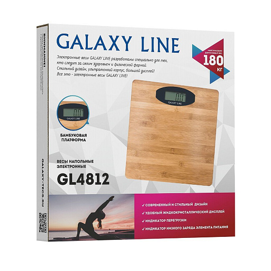 Весы напольные электронные, Galaxy Line, GL 4812, бамбук, до 180 кг, 29.8х29.8 см, ЖК-дисплей