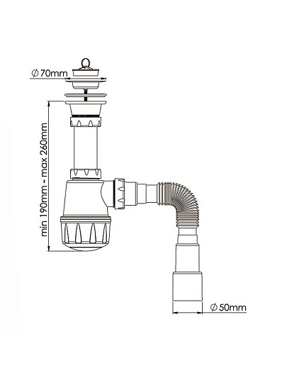 Сифон для мойки, 1 1/2", с выпуском 70мм, с гибкой трубой, Aquanova, 1060 (A0115)