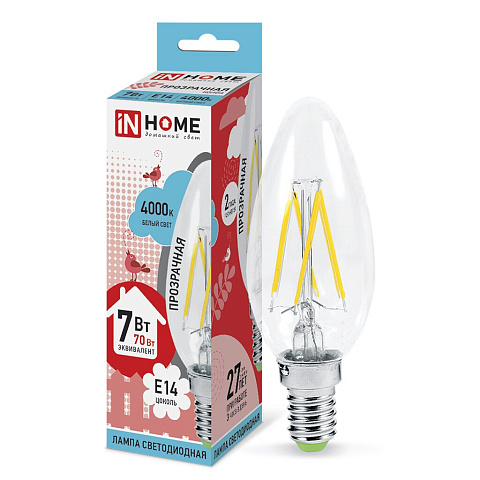 Лампа светодиодная E14, 7 Вт, 70 Вт, 230 В, свеча, нитевидная, 4000 К, свет холодный белый, In Home