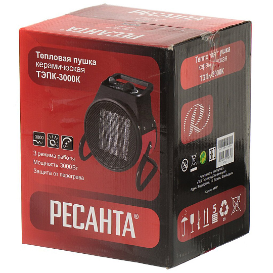 Пушка тепловая электрическая, Ресанта, ТЭПК-3000K, 3 кВт, 300 м³/ч, керамический элемент, 3 режима, круглая, 67/1/27