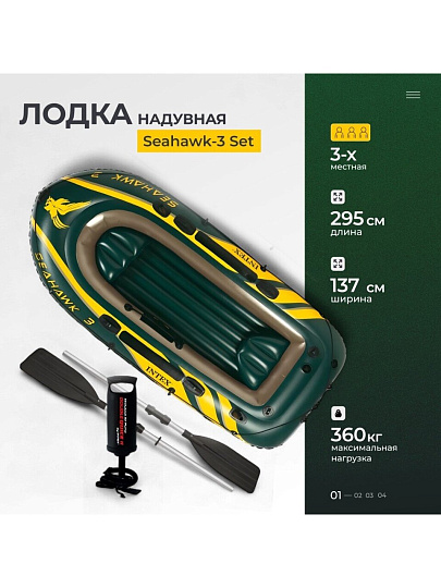 Лодка надувная 295х137х43 см, 3-местная, 360 кг, весла,насос, Intex, Seahawk-3 Set, 68380NP