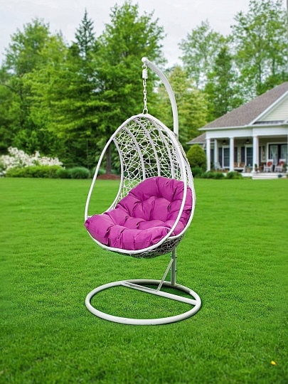 Подвесное кресло Кокон, 1-мест, 63х87х195 см, 150 кг, Green Days, белое, ротанг, подушка фиолетовая