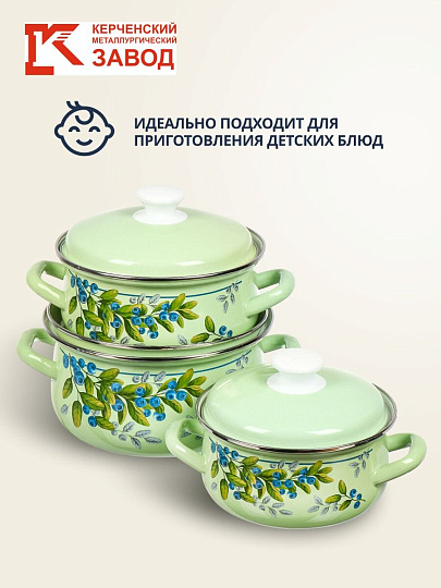 Набор посуды эмалированная сталь, 6 предметов, кастрюли 1.5, 2, 3 л, Керченский металлургический завод, Черника-1, салатовый