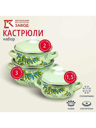 Набор посуды эмалированная сталь, 6 предметов, кастрюли 1.5, 2, 3 л, Керченский металлургический завод, Черника-1, салатовый