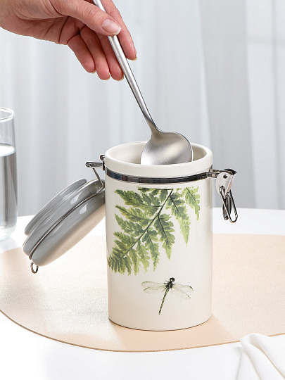 Банка для сыпучих продуктов, керамика, 0.8 л, 9.5х9.5х18 см, с крышкой, с бугельным замком, Prima Collection, Дикий папоротник