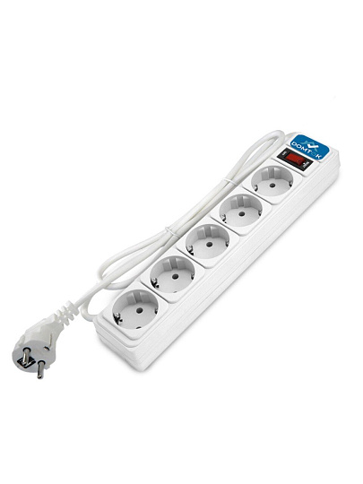 Сетевой фильтр 5 гнезд, 1.8 м, ПВС, 3х1 мм², с заземлением, 10 А, выключатель с индикацией, белый, Domtok, 2527
