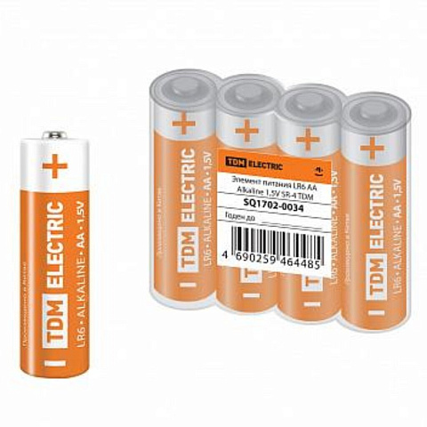 Батарейка TDM Electric, АА (LR06, LR6), Alkaline, алкалиновая, 1.5 В, блистер, 4 шт, SQ1702-0034