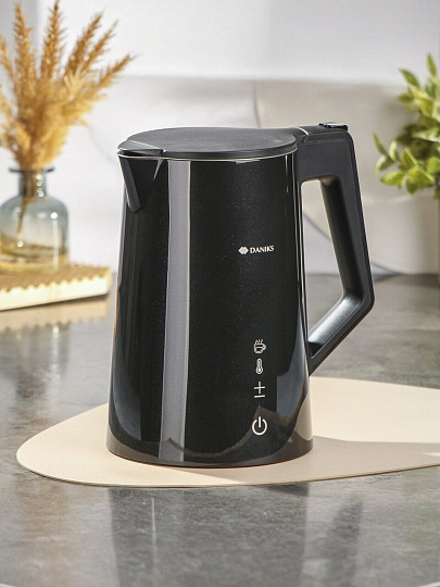 Чайник электрический Daniks, D3815E, черный глянцевый, 1.7 л, 2200 Вт, скрытый нагревательный элемент, сталь, пластик