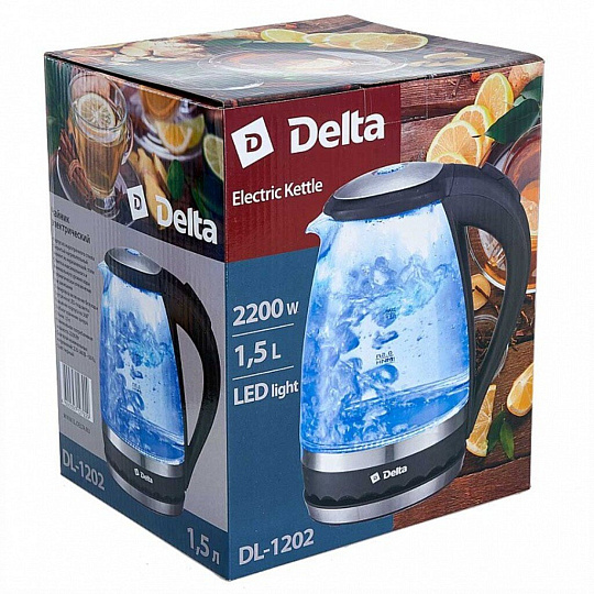 Чайник электрический Delta, DL-1202, черный, 1.5 л, 2200 Вт, скрытый нагревательный элемент, стекло