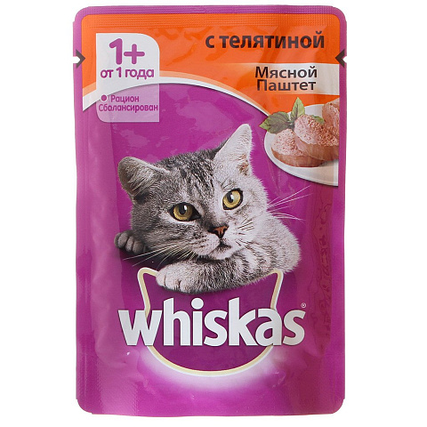 Корм для животных Whiskas, 85 г, для взрослых кошек, паштет, телятина, пауч