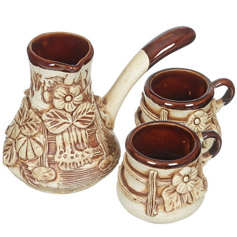 Набор кофейный керамика, турка малая + 2 кружки, Село лепка
