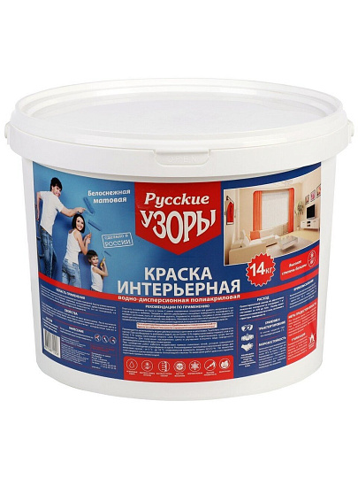 Краска водно-дисперсионная, Русские узоры, акриловая, интерьерная, матовая, белоснежная, 14 кг