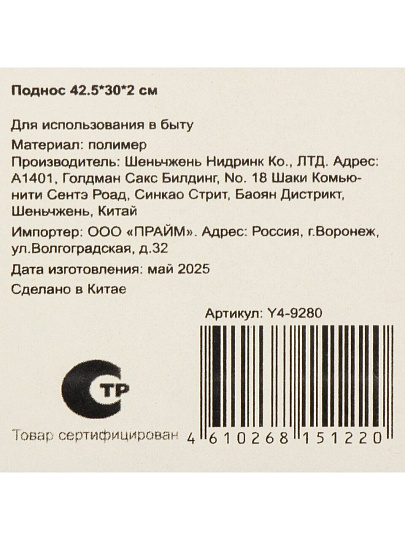 Поднос пластик, 42.5х30х2 см см, прямоугольный, Y4-9280