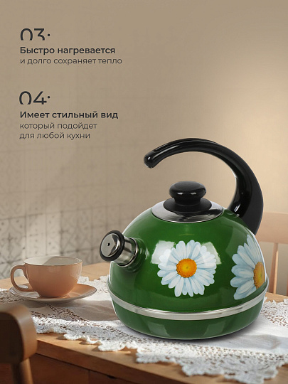 Чайник сталь, эмалированное покрытие, 3.5 л, со свистком, ручка консольная, Рубин, Ромашки, зеленый, T04/35/07/14
