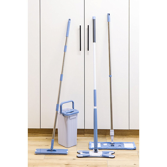 Швабра плоская, микрофибра, 36х12 см, серая, с вертикальным отжимом, телескопическая ручка, серо-голубая, со сменным блоком, Bossclean, LDR1705