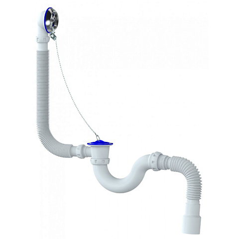 Сифон для ванны, гофрированный, 40х40/50х140 мм, полипропилен, с выпуском, с переливом, круглый перелив, Unicorn, S32