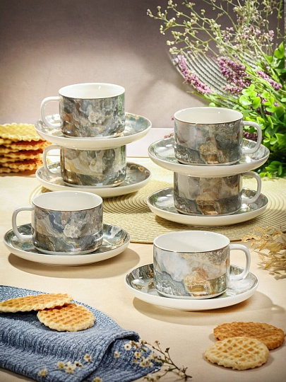 Набор чайный керамика, 12 предметов, на 6 персон, 220 мл, Серый Мрамор, Y6-10279, подарочная упаковка