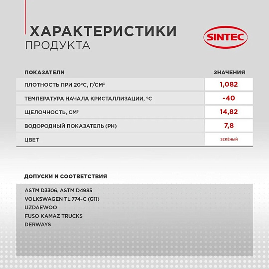 Антифриз Sintec, Euro, G11, 1 кг, зеленый, 990553