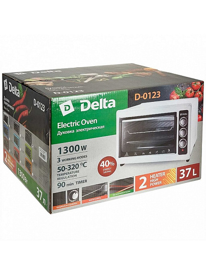 Духовка электрическая, Delta, D-0123, 37 л, 1300 Вт, с термостатом, тен повышенной мощности, 2 нагревательных элемента, белая