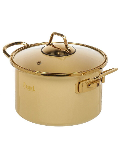Кастрюля эмалированная сталь, 4 л, крышка стекло, ручки золото, RasheL, Gold, R-07720, кремовая, индукция