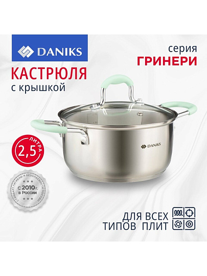 Кастрюля нержавеющая сталь, 2.5 л, крышка стекло, силиконовые ручки мятные, Daniks, Гринери, SD-23-18-2, индукция