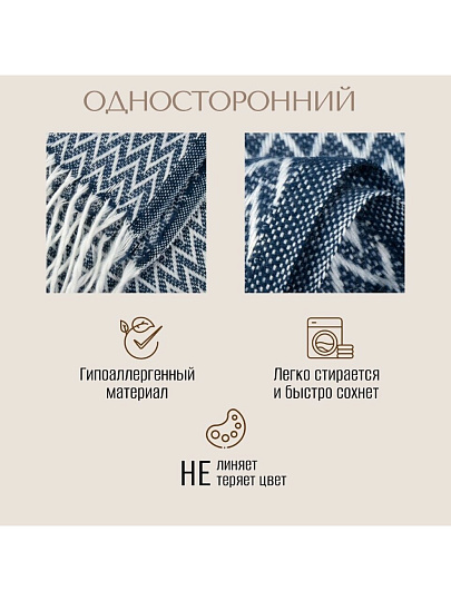 Плед 1.5-спальный, 140х200 см, 50% хлопок, 30% полиэстер, 20% пан, Vladi, Валенсия, Антонио, белый, темно-синий