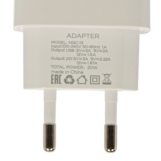 Сетевое зарядное устройство Red Line, NQC-13, 3 А, USB + Type-C, PD 20 Вт, белое, УТ000036039