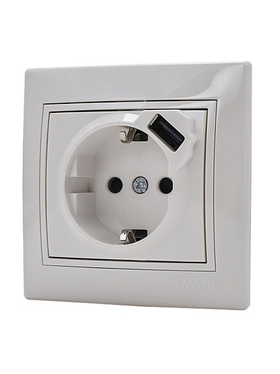Розетка скрытой установки, 1 гнездо, без заземления, белая, + USB, Lezard, Mira, 701-0202-181