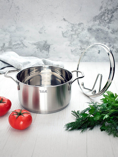 Кастрюля нержавеющая сталь, 3 л, крышка стекло, Taller, Инесс, TR-17257, индукция