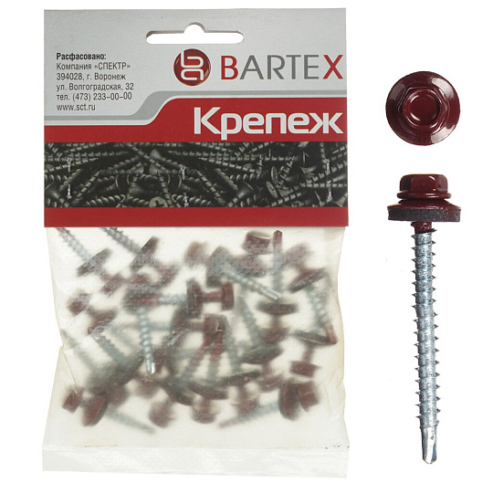 Саморез кровельный, диаметр 4.8х50 мм, 15 шт, красный, пакет, Bartex