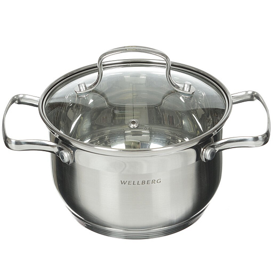 Кастрюля из нержавеющей стали с мерной шкалой Wellberg 02174WB со стеклянной крышкой и металлическими ручками, 1.9 л