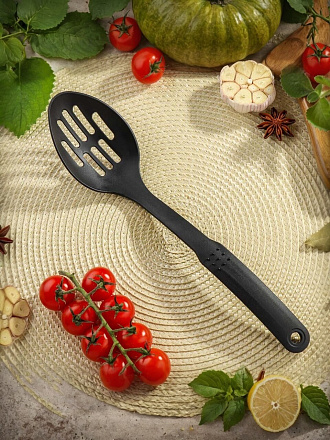 Ложка поварская нейлон, с прорезями, навеска, черная, Daniks, Эконом, YW-KT017-10/H1010-02