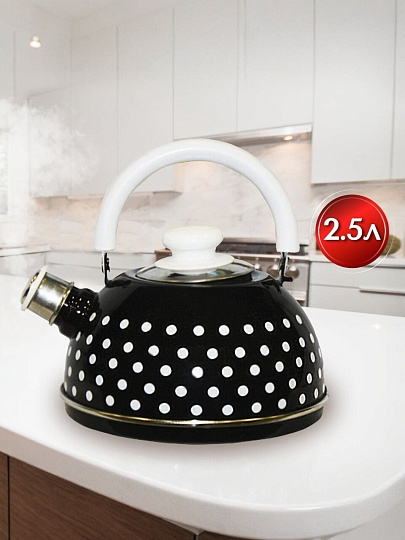 Чайник сталь, эмалированное покрытие, 2.5 л, со свистком, подвижная ручка, Рубин, Малый белый горох, черный, TMM04/25/02/27/H03