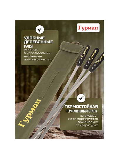 Шампур лезвие плоское, 6 шт, 600х14х2 мм, нержавеющая сталь, рукоятка дерево, Гурман, Люкс, в чехле, 23004-newblk