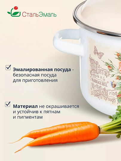 Кастрюля эмалированная сталь, 4 л, крышка сталь, цилиндрическая, СтальЭмаль, Мэри белоснежная, 6RD201M, индукция