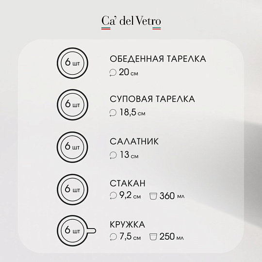 Сервиз столовый стекло, 30 предметов, на 6 персон, Elica, Волна дымка, 62106, дымчатый