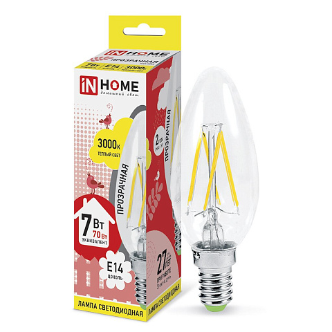 Лампа светодиодная E14, 7 Вт, 70 Вт, 230 В, свеча, нитевидная, 3000 К, свет теплый белый, In Home
