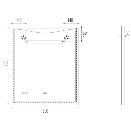 Зеркало часы, функция антизапотевания, сенсорный выключатель, 60х70х3 см, подсветка, VIGO, Eva Luxe 600