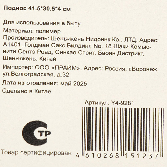 Поднос пластик, 41.5х30.5х4 см см, прямоугольный, Y4-9281