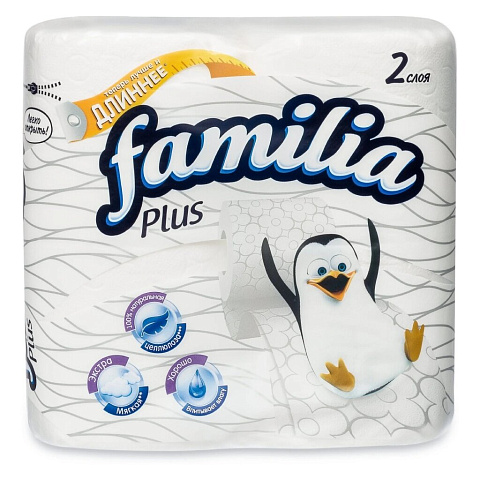 Туалетная бумага Familia, Plus, 2 слоя, 4 шт, с втулкой, белая